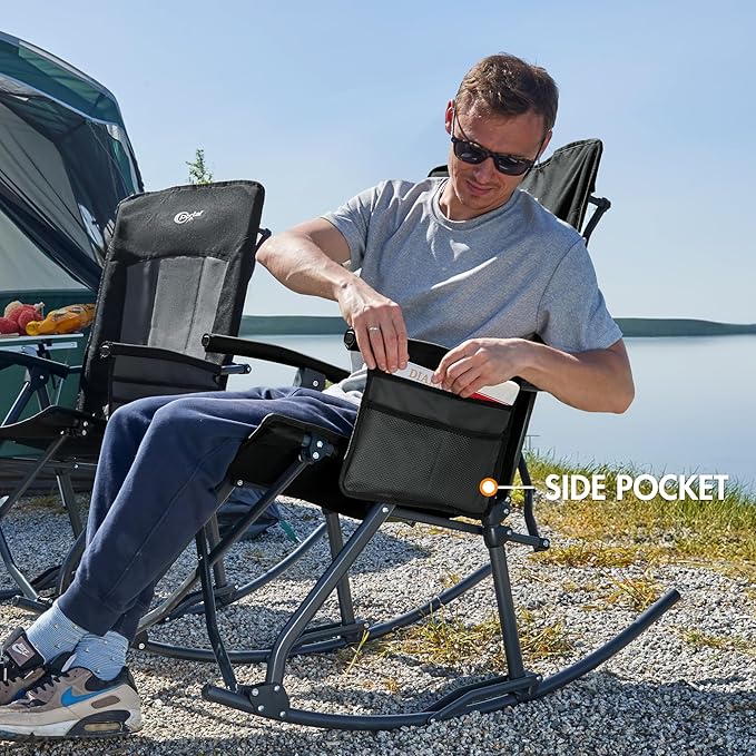 PORTAL Oversized Folding Rocking Camping Chair Portable Outdoor Rocker with High Back Hard Armrests Carry Bag, Supports 400 lbs