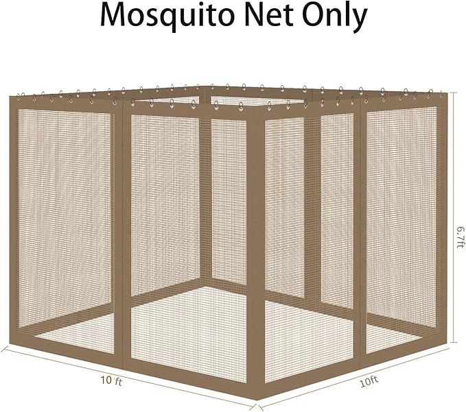Gazebo Universal Replacement Mosquito Netting, 10' x 10' Outdoor Mesh Netting Screen 4-Panel Sidewall with Zipper for Patio, Canopy, Garden and Backyard, Khaki(Mosquito Net Only)