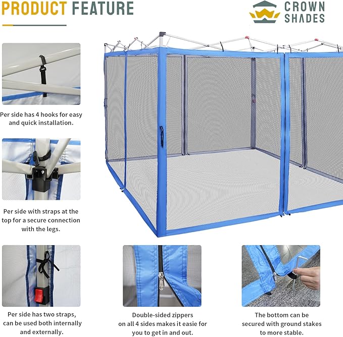 CROWN SHADES Gazebo Mosquito Net for 10 x 10 Pop Up Canopy - Patio Gazebo Mesh Sidewall with Zipper for Outdoor Tent, Garden and Backyard (4 Packs, Blue