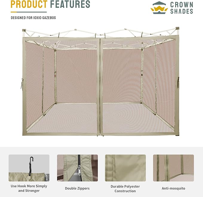 CROWN SHADES Gazebo Mosquito Net for 10 x 10 Pop Up Canopy - Patio Gazebo Mesh Sidewall with Zipper for Outdoor Tent, Garden and Backyard (4 Packs,Khaki)