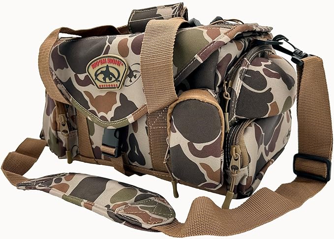 Rig'em Right Waterfowl Standard Shell Shocker Blind Bag with Sunglass Case, Drink Holder, and Ammo Compartment in Brown Camo