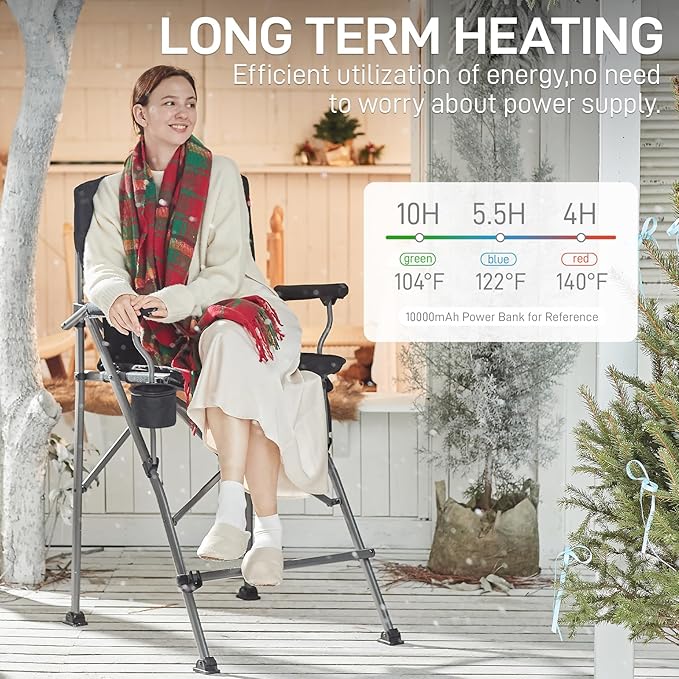 EVER ADVANCED Heated Camping Chairs, Tall Directors Chair with Cup Holder 31", Bar Height Heated Folding Chair for Camping, Sports with Carry Bag, Mesh Pockets and Footrest, Heavy Duty 300 lbs, Black