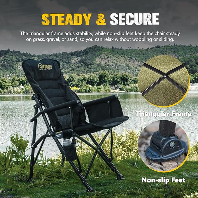 BUNKER INDUST Folding Camping Chair, Oversized with Padded Cushion, Outdoor Chair with Cup Holder Storage Pockets, Adjustable High Backrest Supports 450 LBS for Garden Beach Fishing Lawn