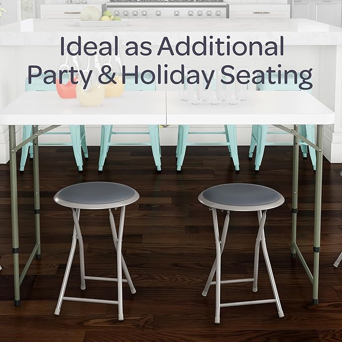 Round Folding Stool - Heavy-Duty 18-Inch Padded and Portable Stool with 300lbs Capacity for Dorm, Rec Room, or Game Room by Trademark Home (Gray)