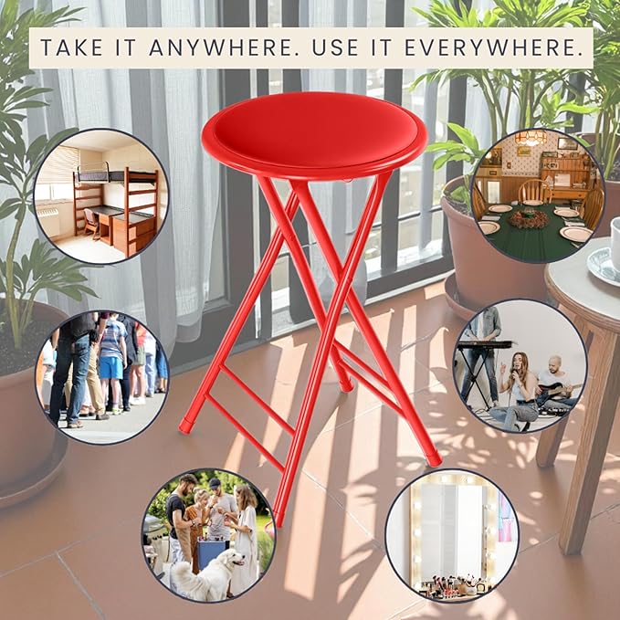 Lavish Home Folding Stool Set - Set of Four 24-Inch Padded Stools with 225lb Capacity for Kitchen, Dorm, or Rec Room - Portable Stools for Adults - Collapsible Sitting Stool Set for Seating (Red)