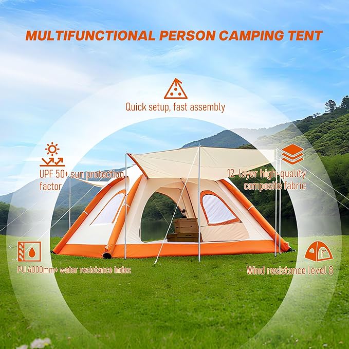 Automatic Inflatable Tent for Camping 4 Person, Pop Up Tents for Camping with 2-3 Min Set Up, Windproof Waterproof Tents with Mosquito Screen Window, Portable Tent for Traveling