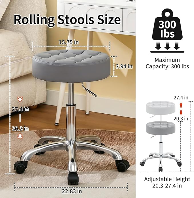 Hair Cutting Stool for Stylist (300lbs Capacity) (Sturdy Aluminum Base) Pedicure Chair for Nail Tech (Gray)