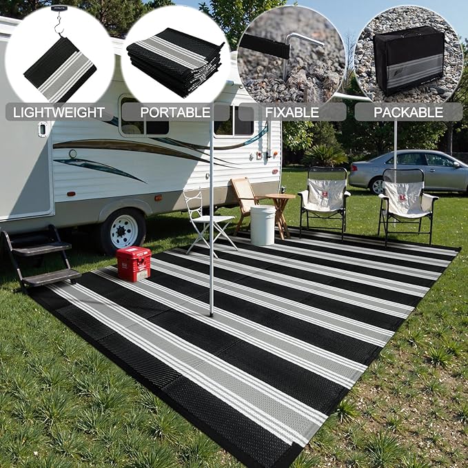 Lahome Striped Outdoor Rug 8x10 Patio Waterproof, Reversible Outdoor Plastic Straw Rug for Camping, RV Patio Rugs Outside Large Carpet for Porch Deck Backyard Picnic(Black/Grey,8'x 10')