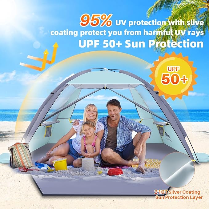 Happy Travel Beach Tent, UPF 50+ UV Protection Sun Shade Shelter for 3/4/5/6/7/8 Person, Portable Beach Canopy for Family & Baby, Lightweight & Easy Setup Beach Cabana with 3 Ventilation Mesh Windows