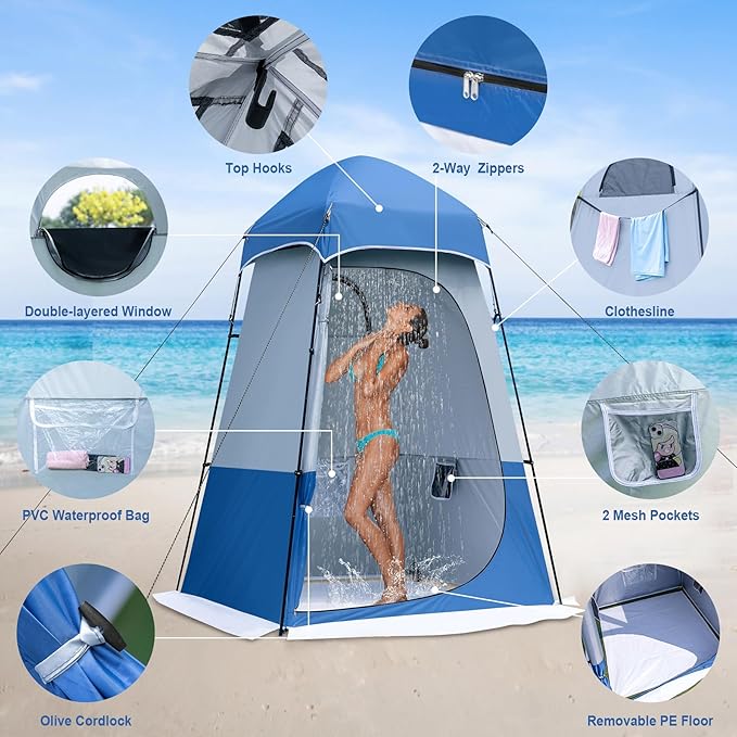 Camping Shower Tent, 7.9 FT Extra Tall Oversize Privacy Tent, Portable Outdoor Bathroom Toilet Tent with Floor, Easy Set Up Privacy Shelter for Dressing, Hiking, Fishing, UPF50+