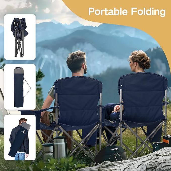 ALPHA CAMP Oversized Camping Chair Heavy Duty Lawn Chair with Cooler Bag Support 450 LBS Steel Frame Collapsible Padded Arm Quad Lumbar Back Folding Chair for Lawn Outdoor