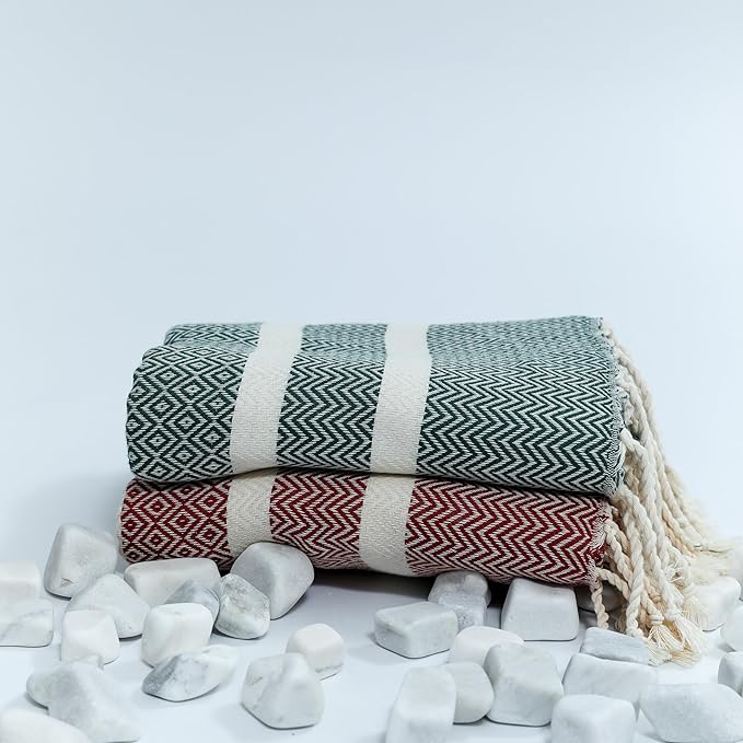 2 Pack Travel Cotton Blanket Twin Size Breathable Cozy Airplane Keep Warm Compact Vacation Essentials Car Camping Quick Dry Beach Sand Free Towel (Pine Green and Burgundy Red)