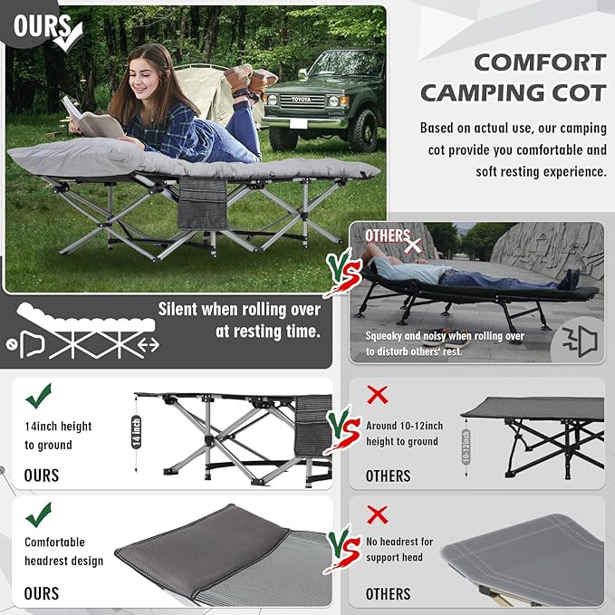 Folding Camping Cot 28inch w/Mattress, Heavy Duty Portable Sleeping Cot with Carry Bag, Double Layer Oxford Travel Camp Cots for Outdoors & Indoors, Suit for Adults Kids,Grey