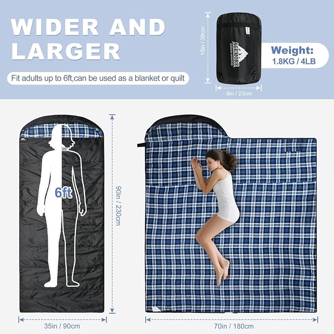 AGEMORE Cotton Flannel Sleeping Bag for Adults, Lightweight XXL Cotton Sleeping Bag for Camping Backpacking or Hiking, Water Resistant 3-4 Season Sleeping bag for Warm & Cool Weather