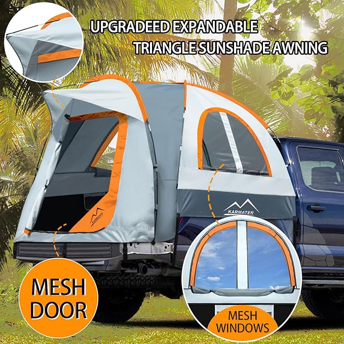 Pickup Truck Tent, Waterproof PU2000mm for Camping 5.5-6.5 Ft Bed, 2-Person Sleeping With Double Layer Design Windows, Expandable Triangle Sunshade Awning