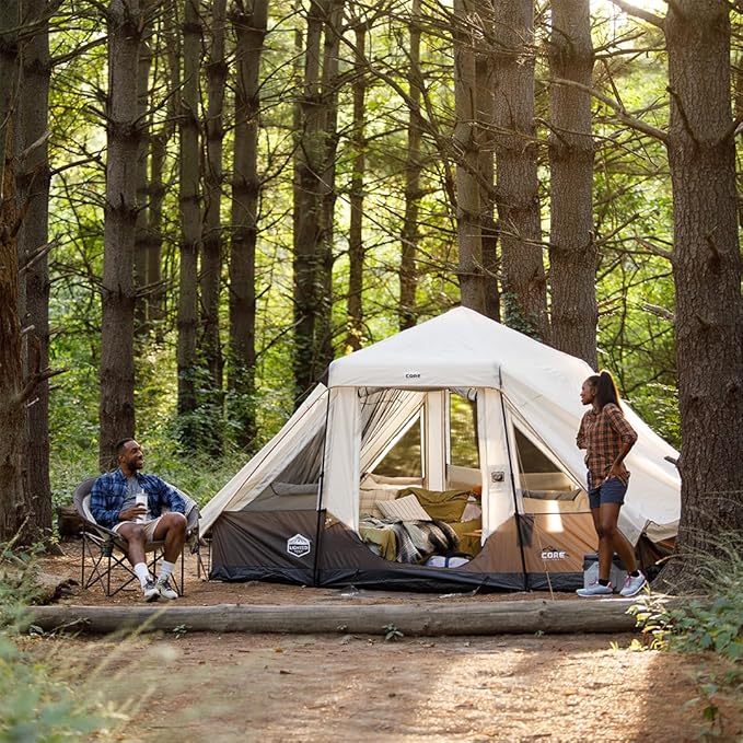 CORE Instant Cabin Tent with LED Lights | Large Family Lighted Pop Up Tent with Carry Bag for Camping, Glamping, and Backyard Adventures | Included Storage Pockets for Camp Accessories