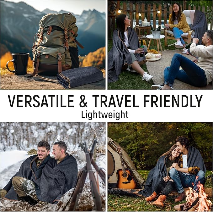 JMR Wool Camping Blanket - Warm Heavy Car Blanket & Camp Quilt - Survival Emergency Blanket for Sleeping Outdoors - Multi-Use Wool Blanket for Camping, Car & Home - 80% Wool, Navy, 66X90