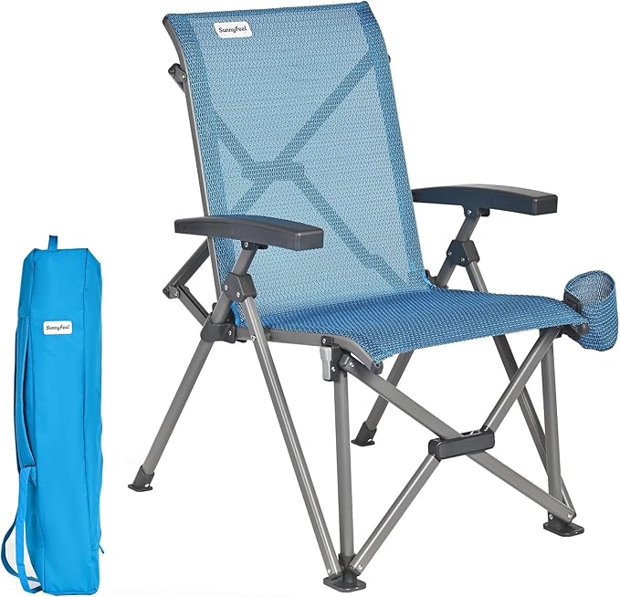 SUNNYFEEL Ergonomic High Back Camp Chair - 500lbs Heavy Duty Folding Chair, UV-Resistant Portable Camp Chair with Hard Armrests, Cup Holder& Bag for Outdoor, Basebal, Travel, Sports, Hiking, Fishing