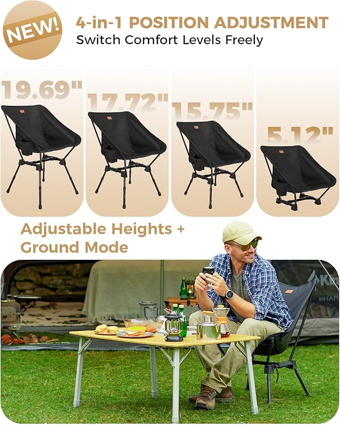 KingCamp Portable Backpacking Chair, 4-Position Adjustable Height Folding Compact Lightweight Camping Chairs with Cup Holders & Carry Bag for Outdoor Camp Hiking Lawn Fishing