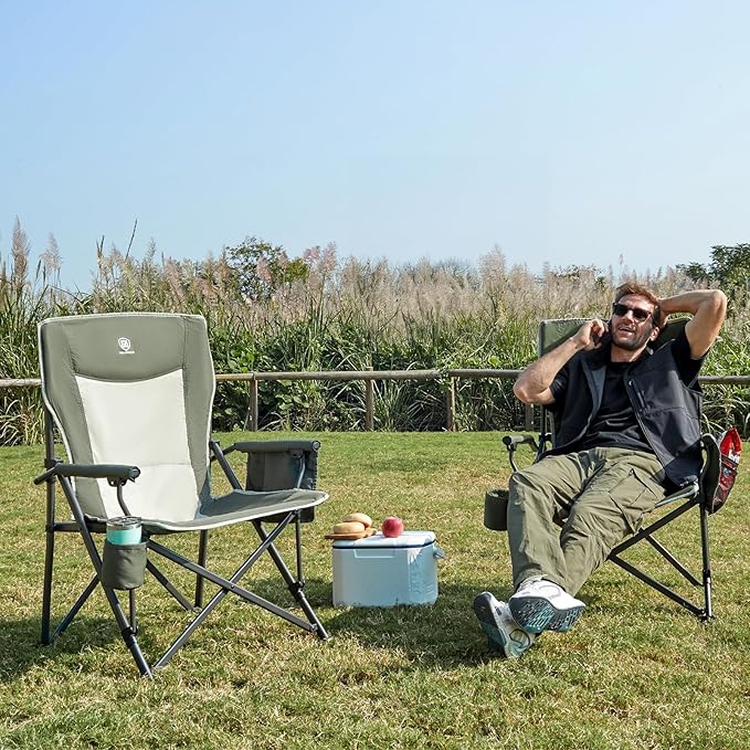EVER ADVANCED Oversized Folding Camping Chair, for Adults Heavy Duty Lawn Chair with Side Pockets, Portable Collapsible Quad Chair for Outside, Support Up to 500lbs, Green