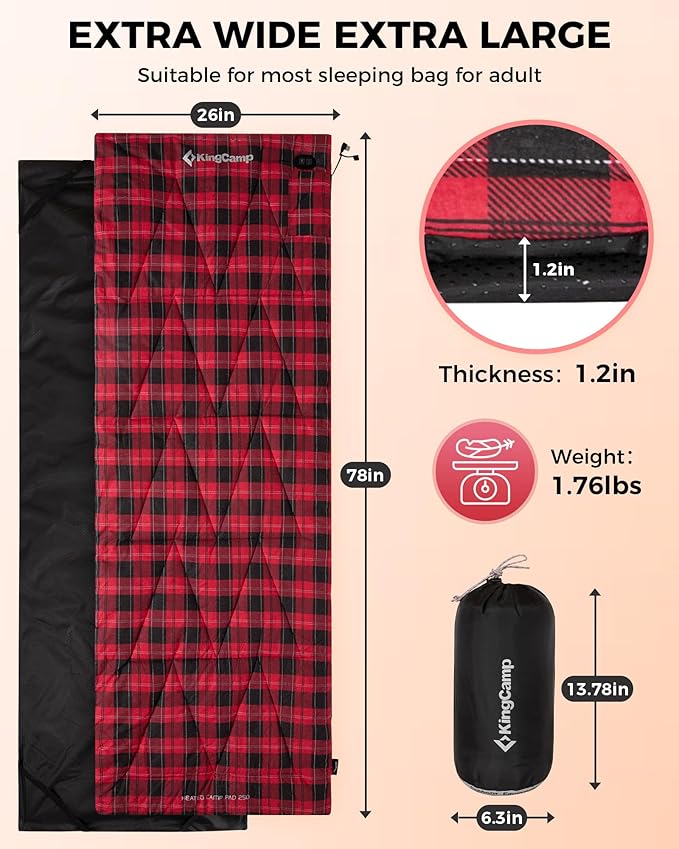 KingCamp 6 Heating Zones Sleeping Bag Liner, 3s Heat-up Portable XL Heated Sleeping Bag Pad for Cold Weather Camping, Hiking, 100% Cotton Flannel, Multi USB Power Supported, Compact Bag Included