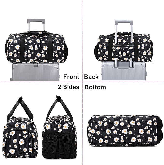 Dance Bag for Girls Corduroy Kids Duffel Bag Ballet Bag for Girls Teen Women Sports Gym Bag Water Resistant Travel Duffle Bags with Shoes Compartment(black daisy)