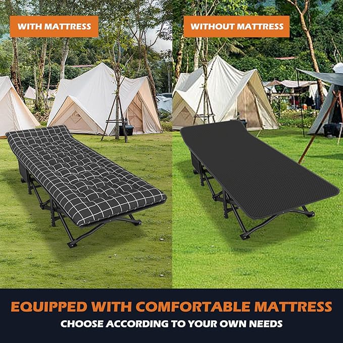 ATORPOK Camping Cot for Adults with Cushion Comfortable,Portable Folding Bed for Sleeping,Lightweight Folding Bed with Carry Bag for Kids Supports 450 lbs (Black)