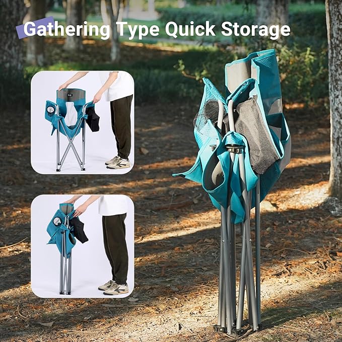 Camping Folding Chair Outdoor Lawn Portable Lightweight Camp Folding Chairs for Adult Outside with Cup Holder, Cooler Pouch & Side Pocket for Camping, Beach, Fishing, Sports or Tailgating Events