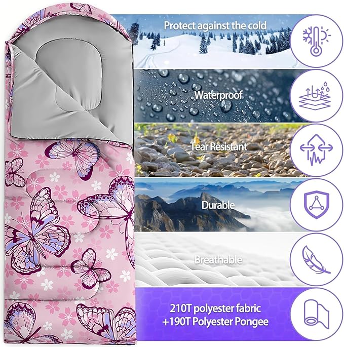 Sleeping Bags for Adults and Kids,3D Printing Camping Sleeping Bag for Girls Boys Lightweight Waterproof Cold/Warm 3-Season,Outdoor Travel with Compression Bags