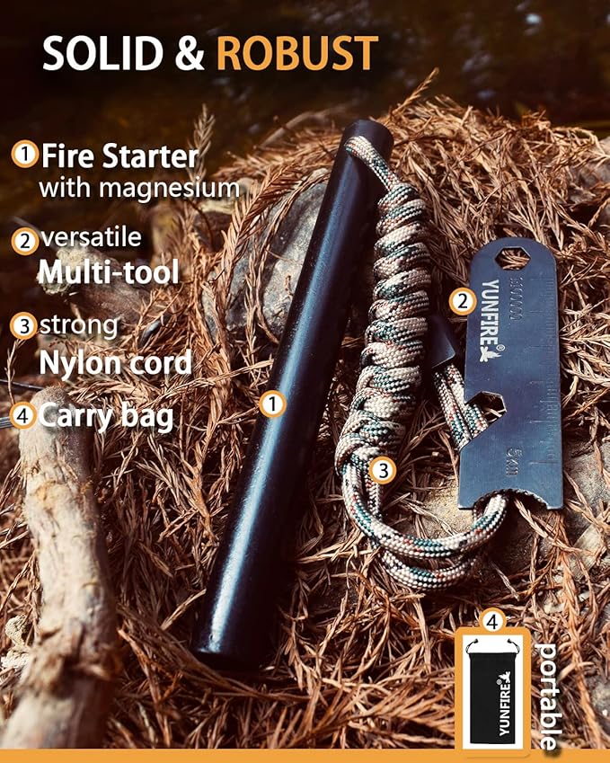 YUNFIRE Fire Starter-5" x 1/2" Thick Ferro Rod with Multi-Tool Striker & Type 550 Paracord, 25,000+ Strikes, Drilled Flint Fire Steel for Emergency Survival, Camping, Hiking
