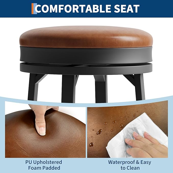 IDEALHOUSE 30'' Swivel Bar Stools Set of 2 with Footrest, Modern Counter Height Barstools with PU Leather Upholstered and Metal Frame, Backless Round Bar Stools for Kitchen Island, Brown