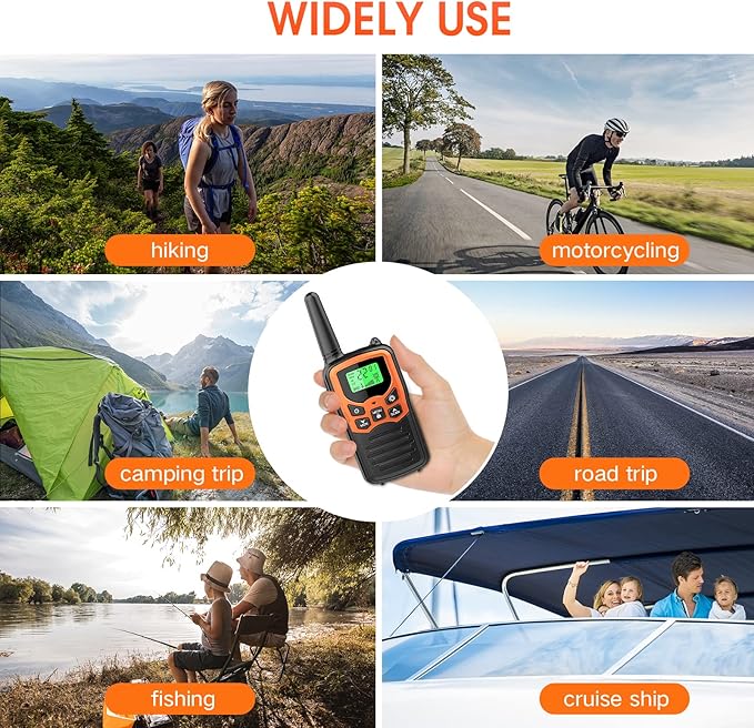 Walkie Talkies with 22 FRS Channels MOICO Walkie Talkies for Adults with LED Flashlight VOX Scan LCD Display, Long Range Family Radios for Hiking Camping Trip (Orange, 4 Pack)