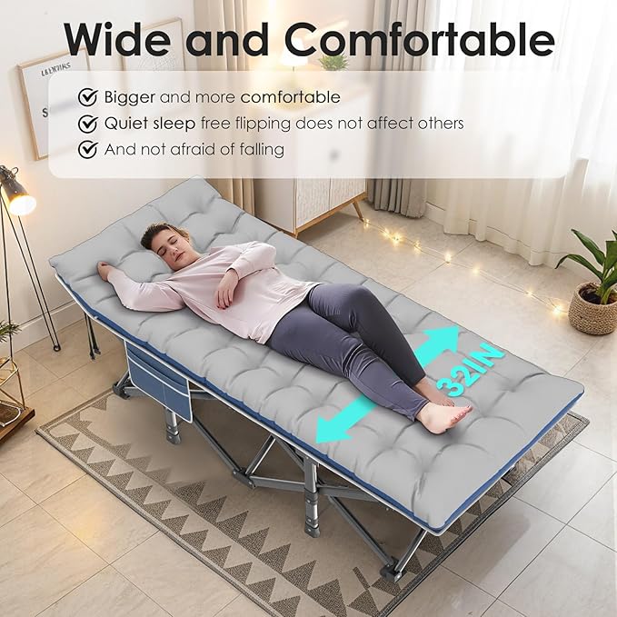 Suteck Camping Cot, 32In XXL Folding Camping Cot Heavy Duty Sleeping Bed for Adults 1200D Double Layer Oxford Cots for Camping W/Pilllow Mattress Carry Bag for Home Office Nap Beach Travel, 500LBS