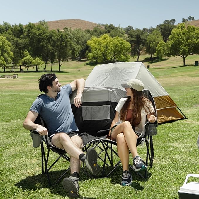 SUNNYFEEL Folding Double Camping Chair, Oversized Loveseat Chair, Heavy Duty Portable/Foldable Lawn Chair with Storage for Outside/Outdoor/Travel/Picnic, Fold Up Camp Chairs for Adults 2 People