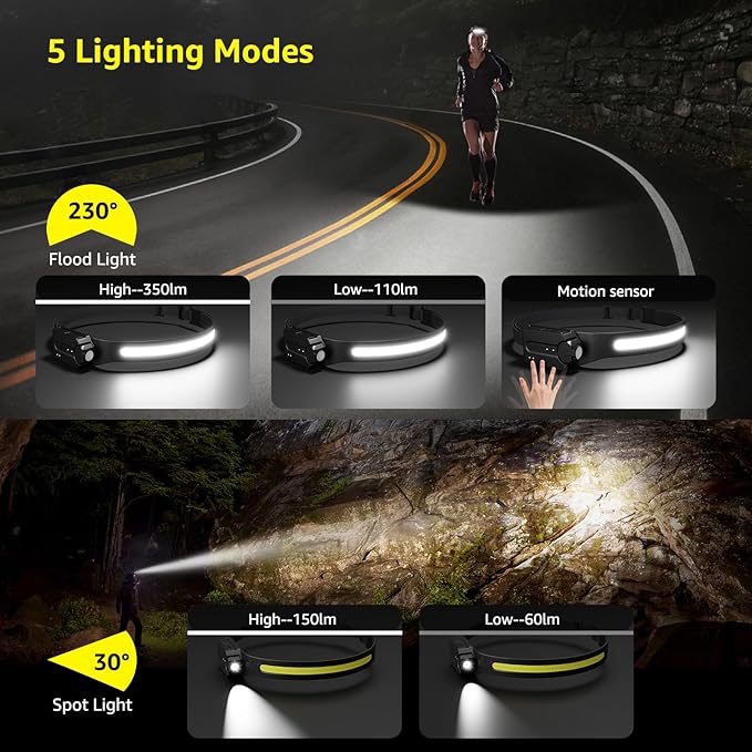 Lepro Bundle - 1000LM Battery Powered LED Camping Lantern & 2 Packs 230°COB Wide Beam & Adjustable Spotlight, Waterproof Headlamp
