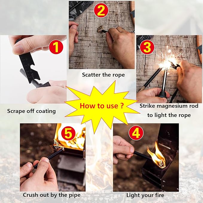 Flint and Steel Fire Starter Kit - Premium Ferro Rod and Magnesium Stick with Tinder Hemp Rope - Portable Fire Starter Survival Tool for Campfires/Camping/Bushcraft/Hiking and Emergency Rescue.