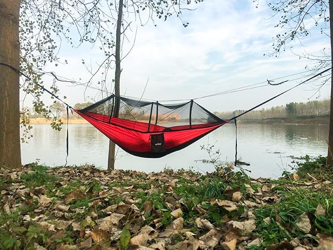 Sunyear Camping Hammock, Portable Single & Double Hammock with Net, 2 Person Hammock Tent with 2 * 10ft Straps, Best for Outdoor Hiking Survival Travel
