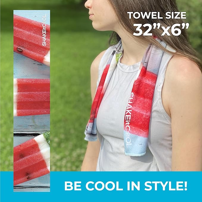 SHAKEitCOOL Original Cooling Towel – Be Cool in Style - Heat Relief, Soft, Lightweight, Sun Protection, Easy Clean - Perfect for Biking, Running, Yoga, Gym, Gardening - Watermelon