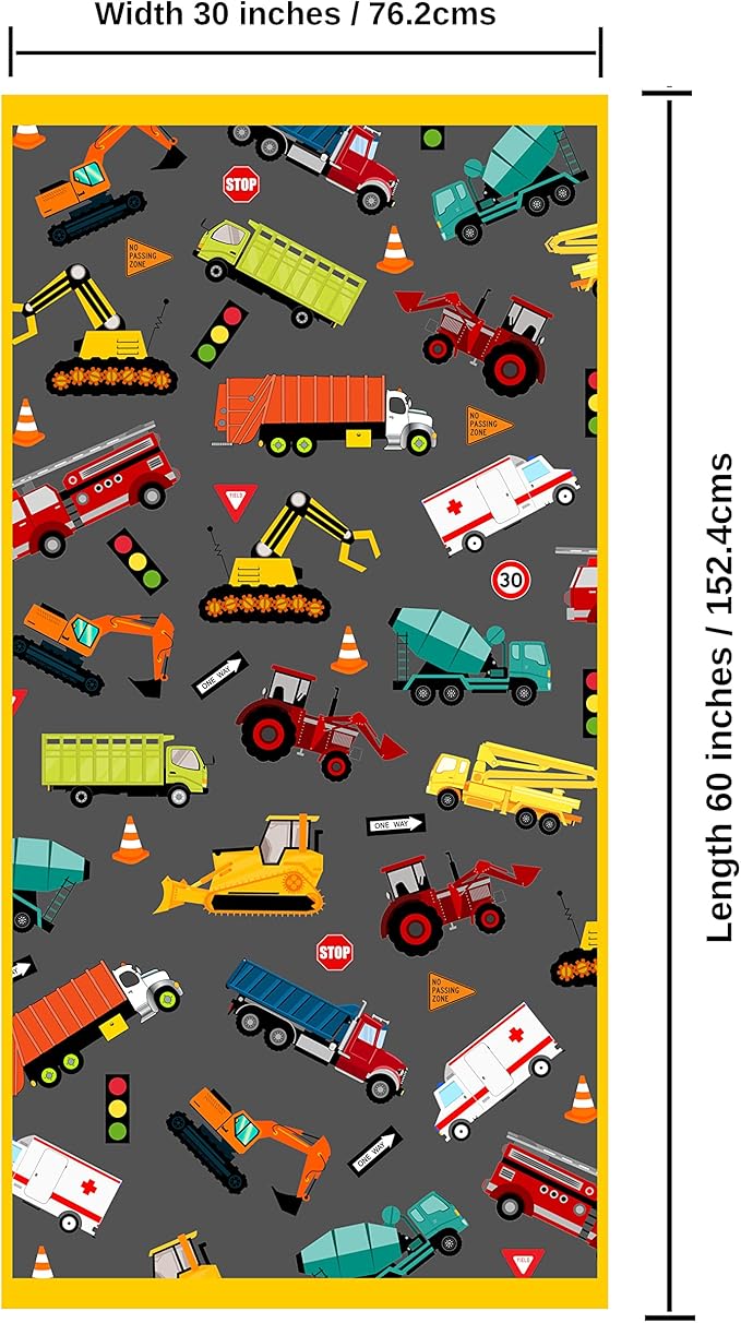 Microfiber Beach Towel for Kids - Thin and Large (30"x60") - Trucks - Absorbent, quick dry, sand free, lightweight, blanket- toddler, girls, boys - For Sports, Pool, Picnic, Camping, Travel, Swim