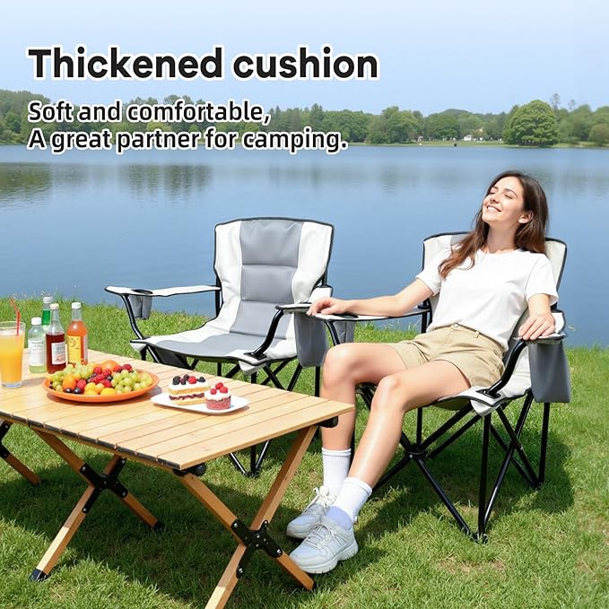 Heavy Duty Camping Chairs 600D Oxford Portable Folding Chair - Extra Wide Armrests, Cup Holder & Cooler Bag, Supports 350lbs, Ideal for Outdoor, Beach, Picnic & Sports