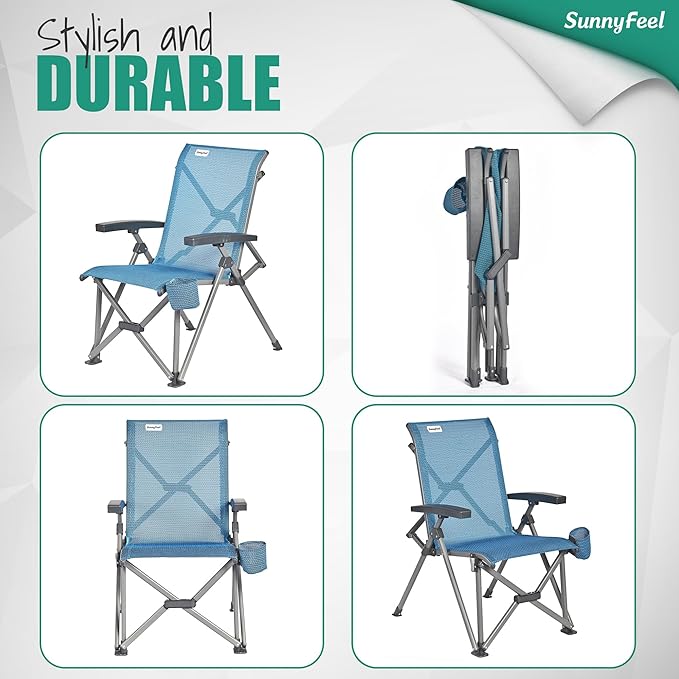 SUNNYFEEL Ergonomic High Back Camp Chair - 500lbs Heavy Duty Folding Chair, UV-Resistant Portable Camp Chair with Hard Armrests, Cup Holder& Bag for Outdoor, Basebal, Travel, Sports, Hiking, Fishing
