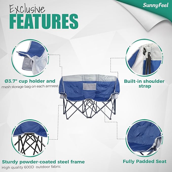 SUNNYFEEL Folding Double Camping Chair, Oversized Loveseat Chair, Heavy Duty Portable/Foldable Lawn Chair with Storage for Outside/Outdoor/Travel/Picnic, Fold Up Camp Chairs for Adults 2 People