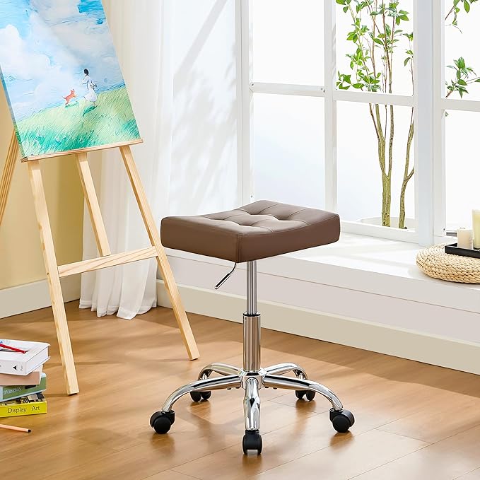 Vanity Stool with Wheels (Adjustable Height 17-21 inch) (300lbs Capacity) Faux Leather Nail Tattoo Vanity Massage Stool (Coffee Brown)