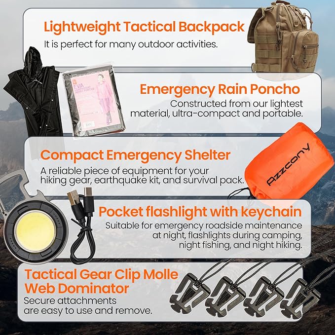 Emergency Survival & First Aid Kit & Tourniquet - 250 PCS Go Bugout Bag Survival Gears with Compass Flashlight Shovel - Tactical Military Grade EDC Backpack for Outdoor Camping Scout