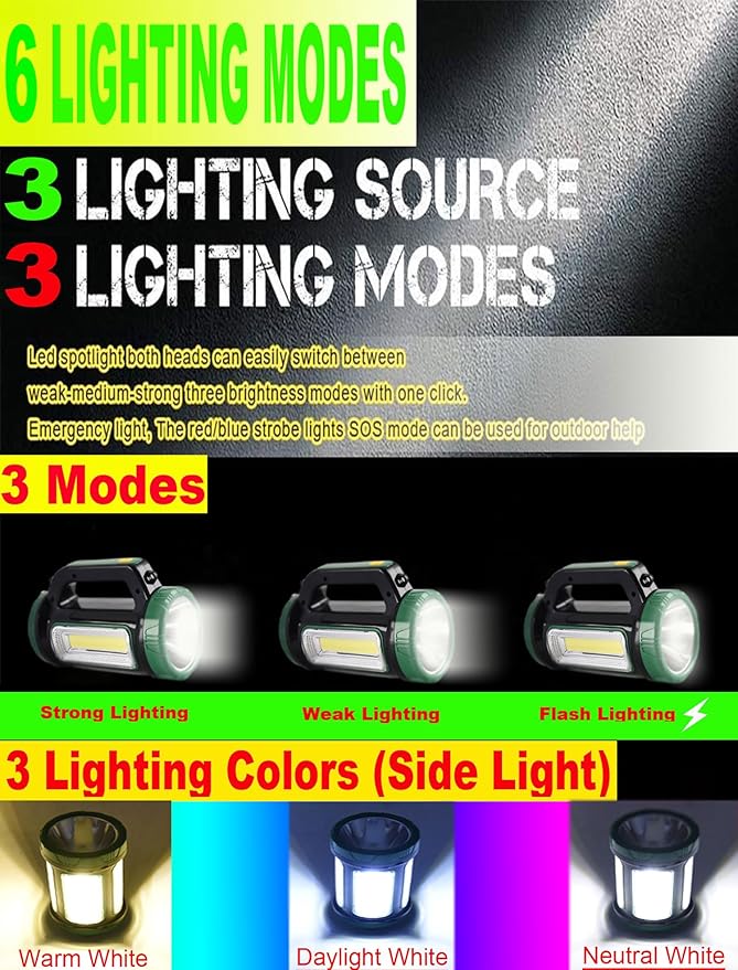 LED Searchlight Spotlights Lantern, Solar Rechargeable Super Bright 10000LM Handheld LED Flashlight, Multifunction Camping Lantern Work Light, 6 Light Modes, Waterproof, Power Bank