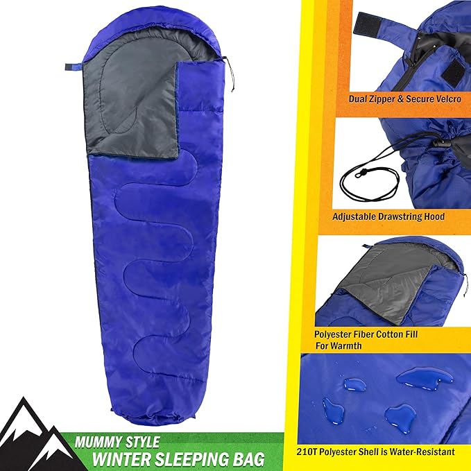 Mummy Sleeping Bag - Adult Cold Weather Sleeping Bag Rated to 25°F - Waterproof with Drawstring Hood - Camping Equipment by Wakeman Outdoors