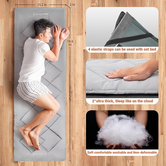 KingCamp Cot Pad Topper for Camping, Soft Warm Non-Slip Cot Mattress, Comfortable Lightweight Sleeping Mat for Outdoor & Indoor, Picnic, Hiking, Backpacking, Yoga
