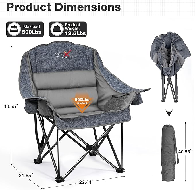 Oversized Camping Chair, Portable Folding Padded Camp Chairs with Side Pocket, Cup Holder, Heavy Duty Support 500LBS Outdoor Lounge Chair for Adults, Fishing, Sports, Trip, Grey