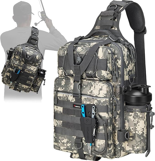 Piscifun Tackle Bag With Rod & Gear Holder - Lightweight Sling Storage Bag, Outdoor Shoulder Pack for Fishing, Hiking, Hunting