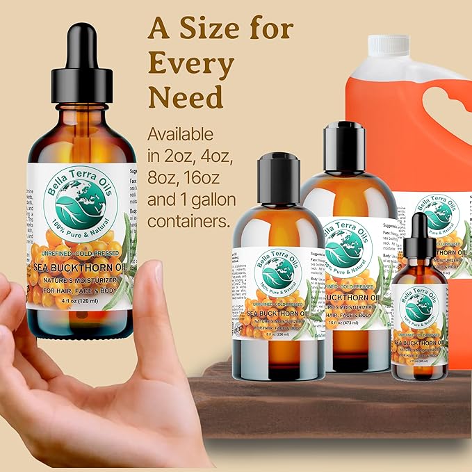 Bella Terra Oils - Sea Buckthorn Oil 4 oz - Unlock the Gold Standard in Skincare, Infused with Omega-3, Omega-6 & Carotenoids, Elevate Your Cosmetic Routine